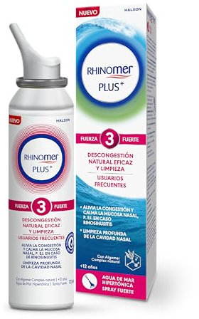 Rhinomer Plus, Fuerza 3, Spray Nasal de Agua de Mar Hipertónica, Descongestión Natural Eficaz y Limpieza, Con Algomer Complex, Fuerza Fuerte, Usuarios Frecuentes, Adultos y Niños +12 A, 125 ml