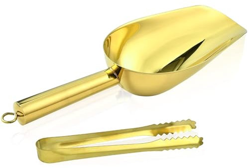 Cuchara de hielo de acero inoxidable y pinzas para hielo, barra inferior redonda, cuchara de harina de hielo y clip de buffet, cocina, bar, barbacoa, fiesta, boda, dorado