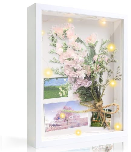 Cornice portafoto 3D da riempire con luce a LED, profondità 25 x 20 cm, per oggetti fino a 3 cm, colore bianco, ideale per matrimoni, fiori, scrivania, regalo di laurea
