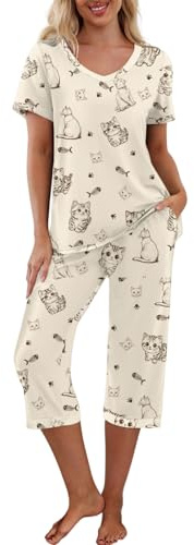PrinStory Pyjamasset för kvinnor, sovkläder, lounge-kläder, kortärmad t-shirt, capribyxor, med fickor