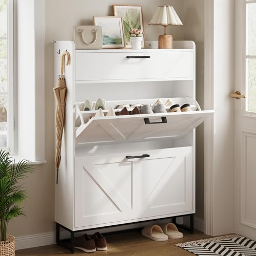 DSNAPE Shoe Storage Cabinet with 3 Flip Drawers, Narrow Wooden Shoe Cabinet with Adjustable Shelves, for Hallway Enterway and Living Room (White 80W x 24D x 114H cm)