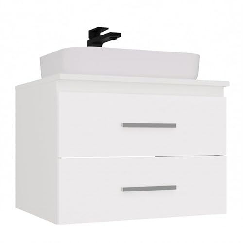 CDF Mobile Bagno Sospeso Sottolavabo con Lavabo da Appoggio – Armadietto Pensile con 2 Cassetti per Cosmetici, Accessori e Asciugamani – Fronti Lisci con Maniglie – Design Moderno Bianco 60 cm