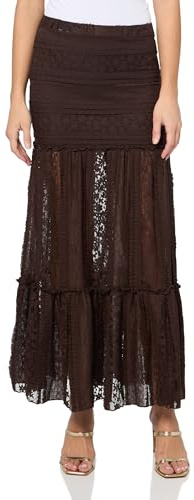 Forever 21 Women’s Lace Maxi Skirt with Tiered Hem Mid Rise Fit Elegant Casual Style, Brown, Medium