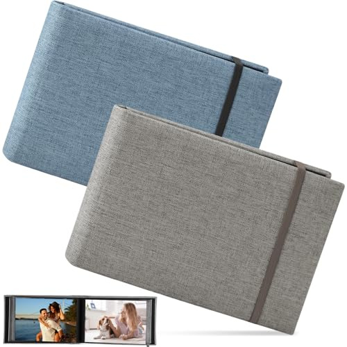 2 Pezzi 10x15cm Album Fotografico con Cordoncino Elastico & 100 Tasche, Album Foto Viaggio Mini Copertina in Lino, Raccoglitore Fotos per Viaggi, Anniversari, Compleanni e Foto di Matrimonio