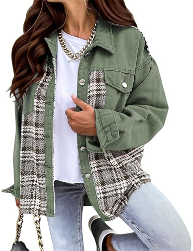 Söta jackor för kvinnor kvinnors överdimensionerad rutig denim shacket långärmad jacka med fickor