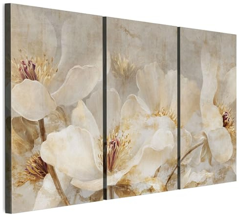 LUMASOUL Cuadros Decoracion Salon Modernos 3 Pieza - Decoración Pared Flores Motivo - Cuadros Decorativos con marcos de madera y telares Salón y dormitorio - 120x80 cm