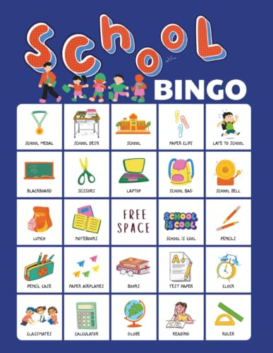 School Bingo: 32 player back to school themed game for first day of school activity, school party icebreakers, teacher rewards