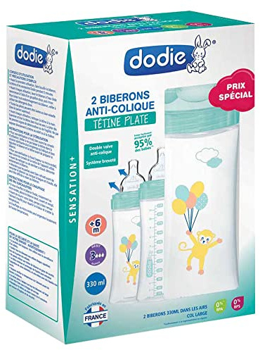 DODIE Lot de 2 Biberons Anti-Colique Sensation+ (2x330 mL) - Tétine Plate, Débit 3, Sans BPA - +6 mois – Vert et Bleu Air