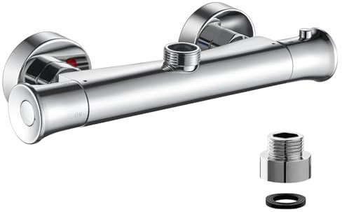 kisimixer Thermostatic Shower Mixer Bar Valve Top Outlet 3/4 BSP, Wall Mounted Shower Mixer Tap Modern, Outlet Up Bar Shower Valve with 3/4 BSP to 1/2 BSP Pipe Adaptor, Anti Scald,Chrome