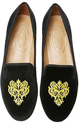 Journey West Women's Velvet Loafer Flat with Embroidery Smoking Slippers Slip on Shoes for Women Vine Black US 8