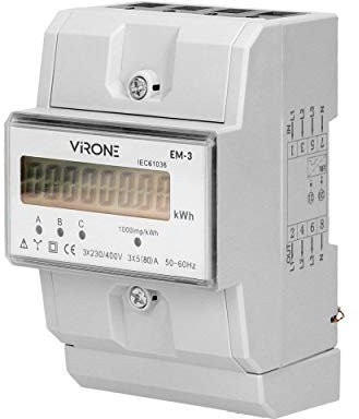 Virone EM-3 - Contatore digitale a corrente alternata trifase, 80 A, 4,3 moduli, DIN TH-35 mm