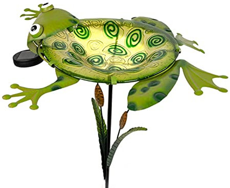 Kremers Schatzkiste Solar LED Frosch Vogeltränke für den Garten aus Glas + Metall 74 cm