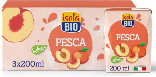 ISOLA BIO - Pack de 3 Unidades de 200 ml de Zumo Ecológico de Melocotón - Libre de Gluten - Apto para Veganos - Sin Lactosa Ni Huevo - Endulzado con Sirope de Agave