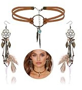 LOLIAS Boho Traumfänger-Ohrringe Drop Leder Choker Halskette Set für Frauen Handmade Retro Vintage Bohemian Feder Anhänger Dangle Stammes-Schmuck Geschenk