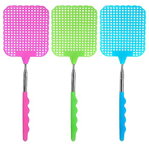 3 Pièces Tapette à Mouches Extensible,Durable Manuelle Télescopique Mouche Piège,Portable Tapettes Anti Moustique,pour Intérieur Jardin Moustiques Insectes (Jaune, Rose, Vert)
