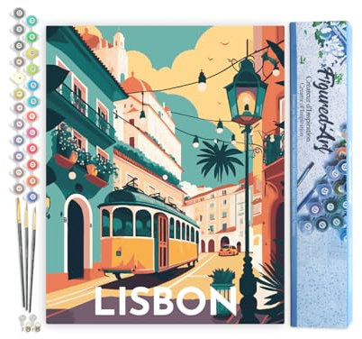 Figured'Art Pintar por Numeros Adultos Póster de viaje Lisboa - Manualidades pintura acrilica Kit Cuadro DIY completo - 40x50cm sin bastidor