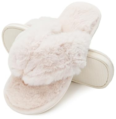 Onmygogo Pantuflas de interior esponjosas para mujer, puntera abierta, pantuflas antideslizantes de piel sintética suave, 0 Natural, 38/39 EU
