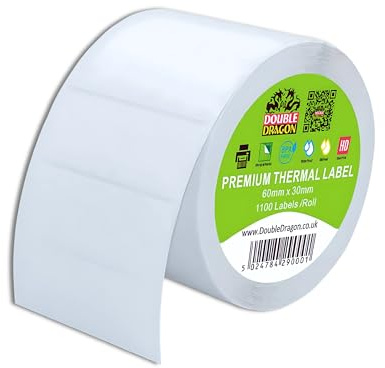 Double Dragon, 1,100 Etiquetas Térmicas Directas, 60mm x 30mm | Adhesivas Blancas Premium con Recubrimiento | Resistente a los Arañazos | Compatible con Impresoras Zebra, MUNBYN, Rollo, Toshiba