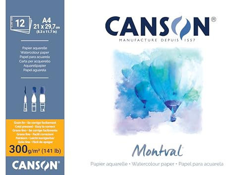 CANSON Montval, Aquarellblock, Fein, einseitig geleimt, 300g/m², 12 Blatt, A4 Vollformat 21x29,7cm, weiß