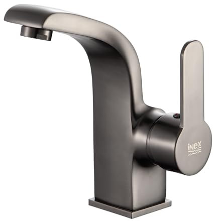 INEX EUROPA Waschbeckenarmatur Schwarz-Titangrau mit 10 Jahren Garantie – Badarmatur mit gebogenem Design und einstellbarem Druck – Wassersparende Armatur leichtgewichtig für modernes Badezimmer