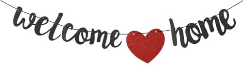 KALIONE Cartel de bienvenida a casa, decoración de fiesta de bienvenida con purpurina negra, decoración de fiesta para el hogar, pancarta de bienvenida para el hogar, suministros de fiesta temática