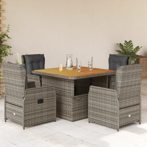 IKAYAA Polyrattan Sitzgruppe für 4 Personen, Gartenmöbel Set mit Verstellbare Tisch und 4 Verstellbare Hochlehner Stühlen, Essgruppe für Garten Terrasse und Balkon, inkl. Sitzkissen Grau