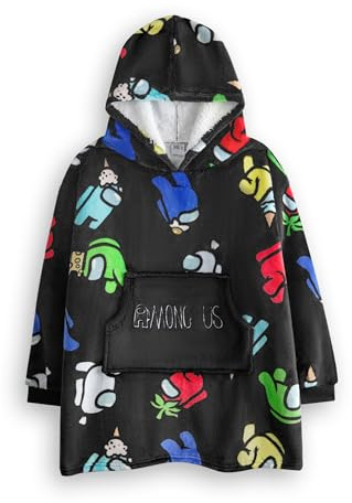Among Us Sudadera Manta Portátil para Niños | Sudadera con Capucha de Forro Polar en Negro con Impresión Total de Crewmates Multicolores y Personaje Impostor | Ropa de Estar Forrada con Sherpa Gamer