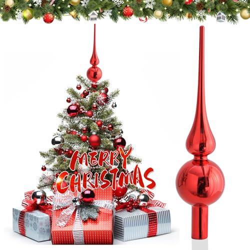 Hukermoon Topper de Árbol de Navidad de Vidrio, Copa de 26 cm, Adorno Punta para Decoración (Rojo)