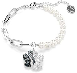 Swarovski Swan Braccialetto, Gioiello con Crystal Pearls White e Zirconia Black e White, Tagli Round e Marquise, Chiusura a Moschettone, Mix di Finiture, 15,5 x 20,5 cm, 1,5 x 1,4 cm