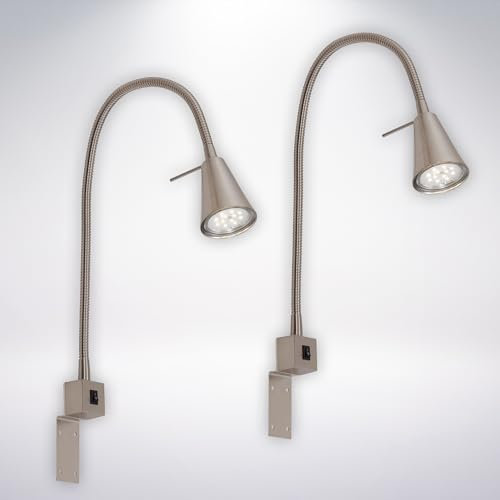 BRILONER - 2er Set LED Leselampe mit Ein/Aus-Schalter, schwenkbar, viele Befestigungspositionen, Wandleuchte Innen, Wandlampe, Bettlampe, Lampe Bett, Leselicht, Nachttischlampe, 40,3cm, Matt-Nickel