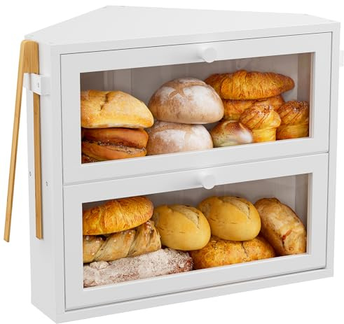 WOWLIVE Corner Bread Box for Kitchen Countertop, Large Double Layer Bread Storage Container for Homemade Bread, Black Bread Holder for Kitchen Counter, Under Cabinet Organizer (White, Medium)