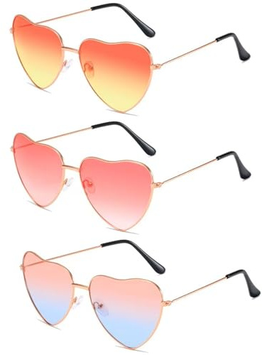 AYNKH 3 paquets Lunettes de soleil Hippie Specs Vintage en forme de coeur couleur dégradée 70s Lunettes de soleil rétro Accessoires de mode pour les femmes, les fêtes d'anniversaire et la plage