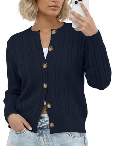 GRECERELLE Cárdigan de punto para mujer, manga larga, elegante, cuello redondo, cárdigan suave, suéter informal, clásico, abrigo de punto con botones, otoño, invierno, primavera, azul marino, L