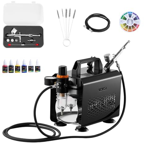 VEVOR Kit Aérographe avec Compresseur d’Air 1/6 HP, Compresseur Aérographe avec 1 Pistolet à Double Action, 3 Buses, Tuyau, Peinture Acrylique et Pinceau, pour Décoration Pâtisserie Onglerie