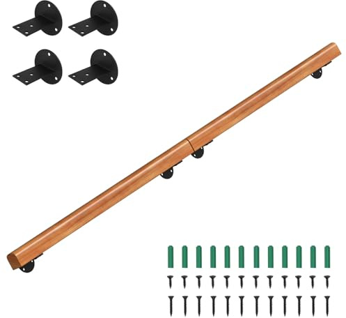 Eikuavons Corrimano in legno di pino, 200 cm, ringhiera montata a parete, per scale, semicircolare, in legno, antiscivolo, con supporti a parete, materiale di montaggio, noce chiaro