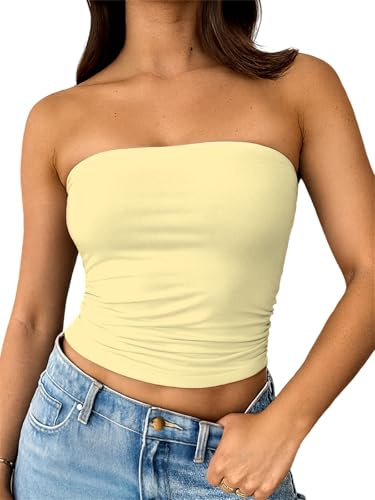ForeFair Women Strapless Tube Tops Double Lined Ruched Backless Bandeau Going Out Top Basic Tank Tops(S,Light Yellow)