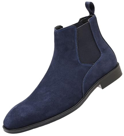 ANUFER Hommes Vache Cuir en Daim Bottes Chelsea Bout Carré Slip On Robe Bottines de Cheville Bleu Marine SN0711231 EU42