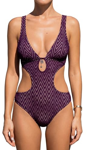 CUPSHE Women's One Piece Swimsuit Monokini Plunging Neck Cutout Bathing Suit Halter Ties Adjustable Straps Swimwear, M