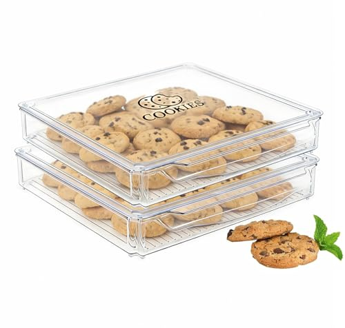 Cajas de galletas – 2 juntas cuadradas grandes – Recipiente apilable para aperitivos, para guardar y organizar galletas horneadas, verduras, dulces, transparentes, 30 x 30 x 5 cm