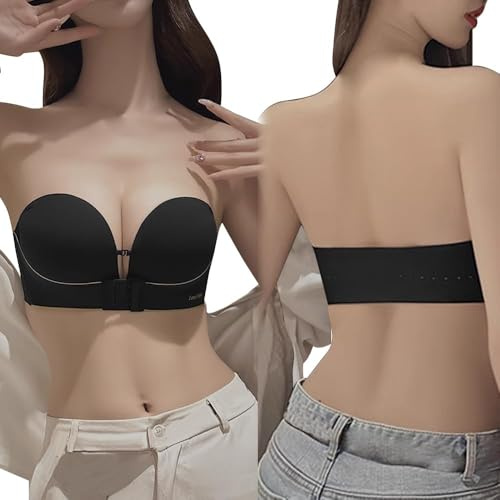 KOEMCY Reggiseni Fascia Donna Senza Spalline Imbottito Push up Strapless Bra Invisibile Comfort Supporto Ideale Abiti Scollati Cerimonia Matrimonio Elegante (Nero M)