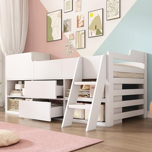 BTM Wooden Kids Bed with Storage, Mid Sleeper with 2 Storage Boxes with Wheels, Imitation Roof Shape and Safety Guardrail, 3ft-90x190cm Cabin Bed, Pine Wood+Particle Board, No Mattress