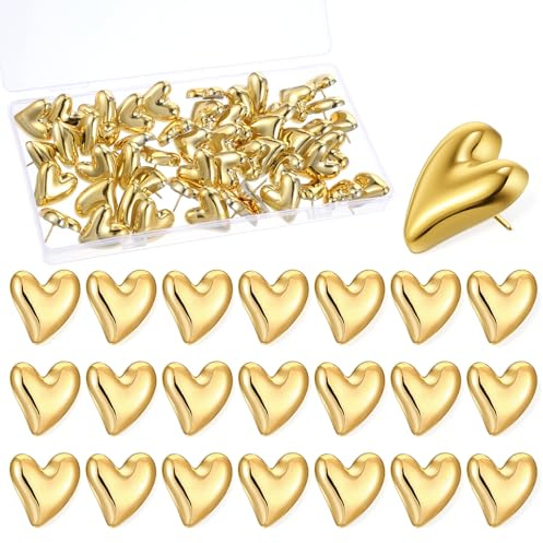 50 stycken guld hjärta häftändamål, vackra dekorativa häftstift, pinwand push pins med förvaringslåda, hjärtstift för anslagstavlor, korktavlor, foton och affischer