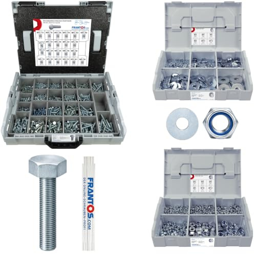 FRANTOS L-BOXX Schrauben Set mit Muttern und Unterlegscheiben 2745-tlg (Stahl verzinkt) Sechskantschrauben DIN 933, Sicherungsmuttern DIN 985, Scheiben DIN 9021 INKL. Meterstab