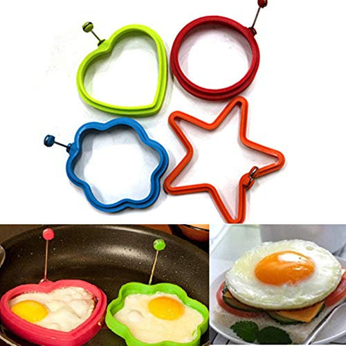 Gshy Moules à Popcakes en Silicone Lot de 4 Moule à Oeufs en Forme de Coeur Étoile Cercle Fleur Moule Ustensiles de Cuisine Pancake Anneaux pour Crêpes Pain Dessert et Cuisson