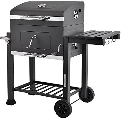 MaxxGarden Barbacoa - Barbacoa de carbón Vegetal - 118 cm - Barbacoa Carbon Vegetal móvil con Tapa, Estante, trampilla, Altura de brasas Regulable, termómetro, Grill asador Parrilla BBQ - Negro
