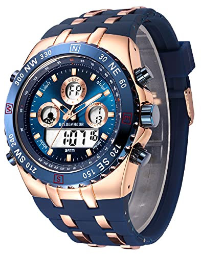 Orologi sportivo militare da uomo, analogico digitale, impermeabile, con data, sveglia, flusso luminoso, cronometro, orologio da polso Big Army, Oro rosa e blu.