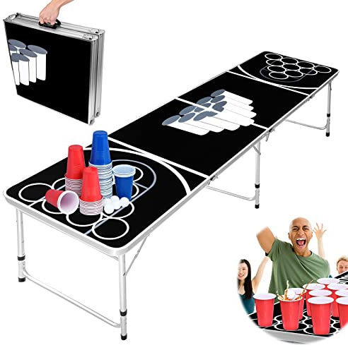 YARDIN Beer Pong Tisch Set,Inkl.1 Beer Pong Tisch + 100Bierpong Becher(50 Rot & 50 Blau)+ 5 Ping-Pong-Bälle,Stabiler Klapptisch aus Alu Tragfähigkeit:60KG Partyspiele