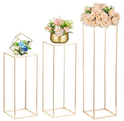 NUPTIO Alzatine per Allestimenti Metallo per Cake: 60cm+80cm+100cm Fiori Oro Cilindri Colonna Piedistallo per Natalizio Feste Compleanno - 3 Pezzi Vaso per Centrotavola Matrimonio