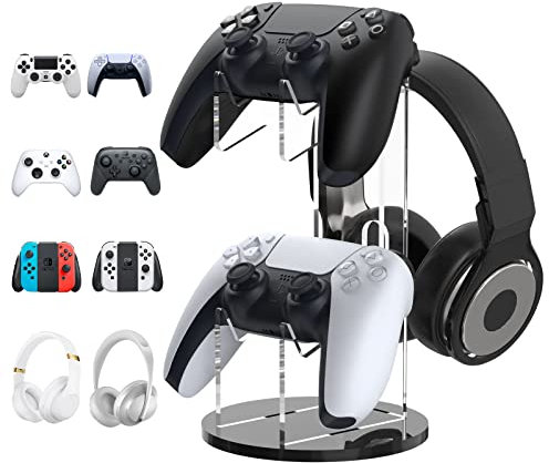 MoKo Game Controller Halter/Headset Ständer, 2 In 1 Acryl Universalhalterung für Switch/Switch 2 PS4 PS5 Xbox One Xbox Series Halterung Gaming Zubehör, Controller Kopfhörer Halterung, Schwarz&Klar