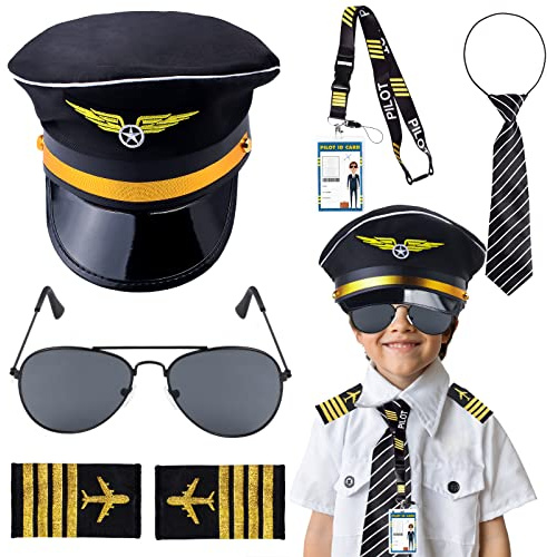 Keymall Kids Pilot Costume Accessories Set With Aviator Hat Sunglasses Tie Pin for Aviation Halloween Dress Up (Set B-2)